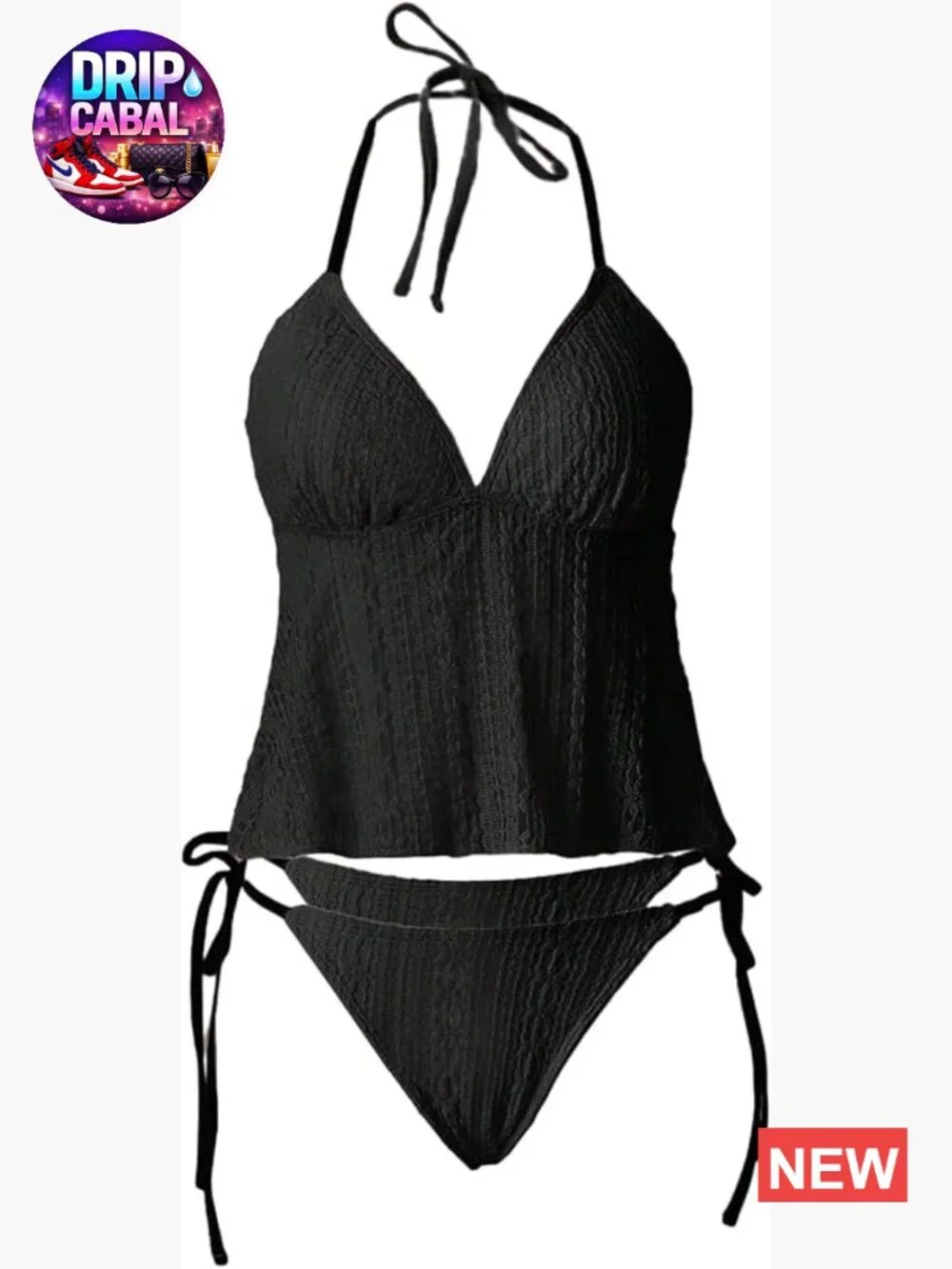 Women's Halter Tankini Swimsuit V Neck Tie Side String Textured 2 Piece Bathing